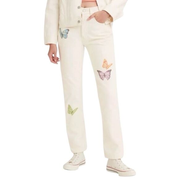 501 Levi’s Off White Jeans high rise straight leg Graphic Design Size W24-L28 - Picture 1 of 16